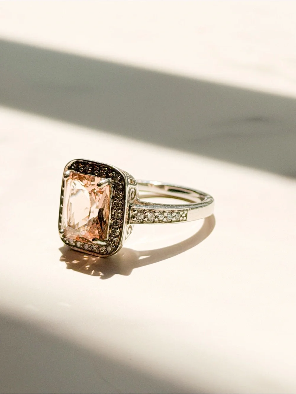 Peach Pink CZ Statement Ring Rhodium Plated Halo Large Cocktail Ring 7